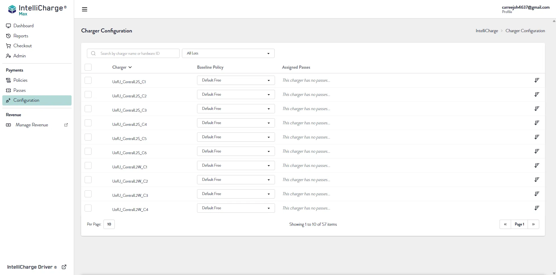 IntelliCharge configuration panel for billing and access control settings